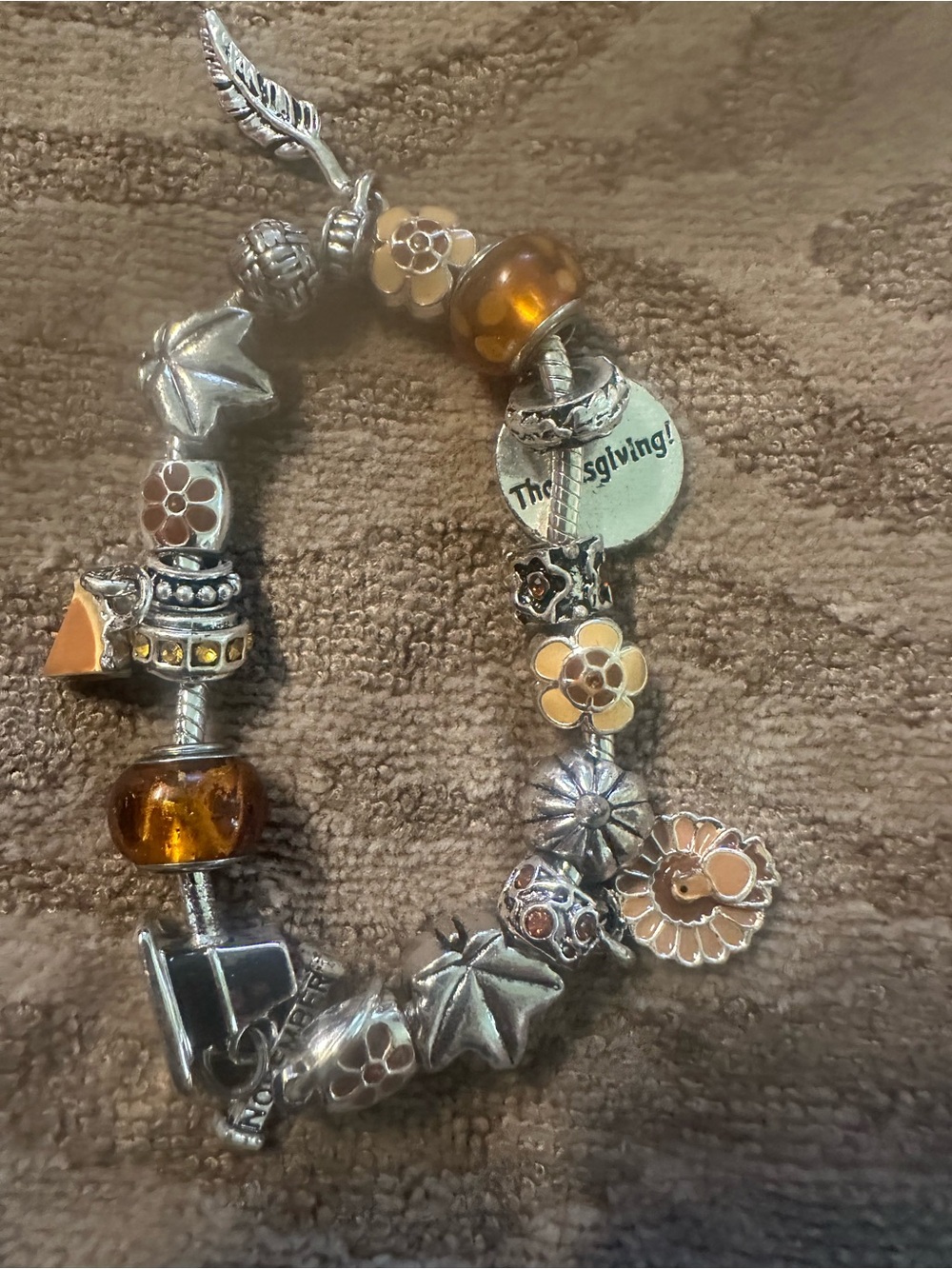 Silver-Tone Floral Charm Bracelet with Amber Beads - Women Jewelry for November